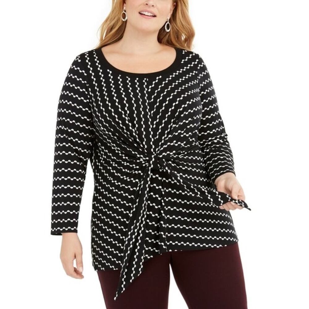 Alfani Geometric Print Twist Tie Front Knit Top 0X Black